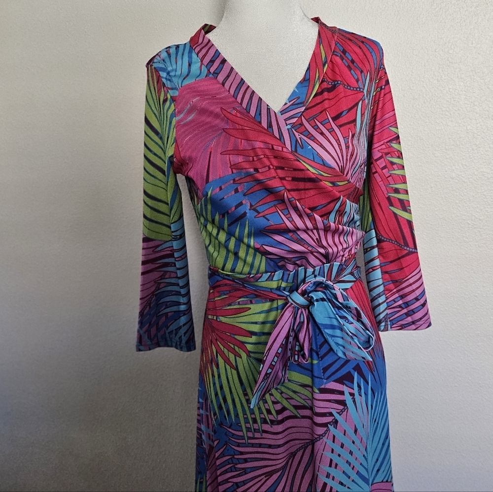 Tropical Women's Multicolor Palm Print Faux Wrap Maxi Dress Size M. - Picture 6 of 13